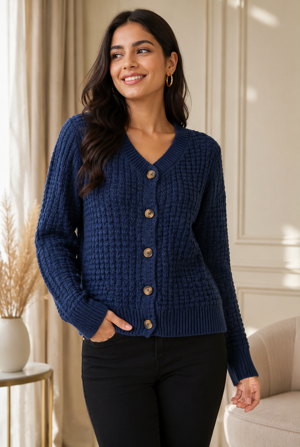 Dark Blue 100% Cotton Knitted Cardigan Sweater | V-Neck | Full Sleeve | Button Closure | Soft Loose Fit Casual Winter Wear