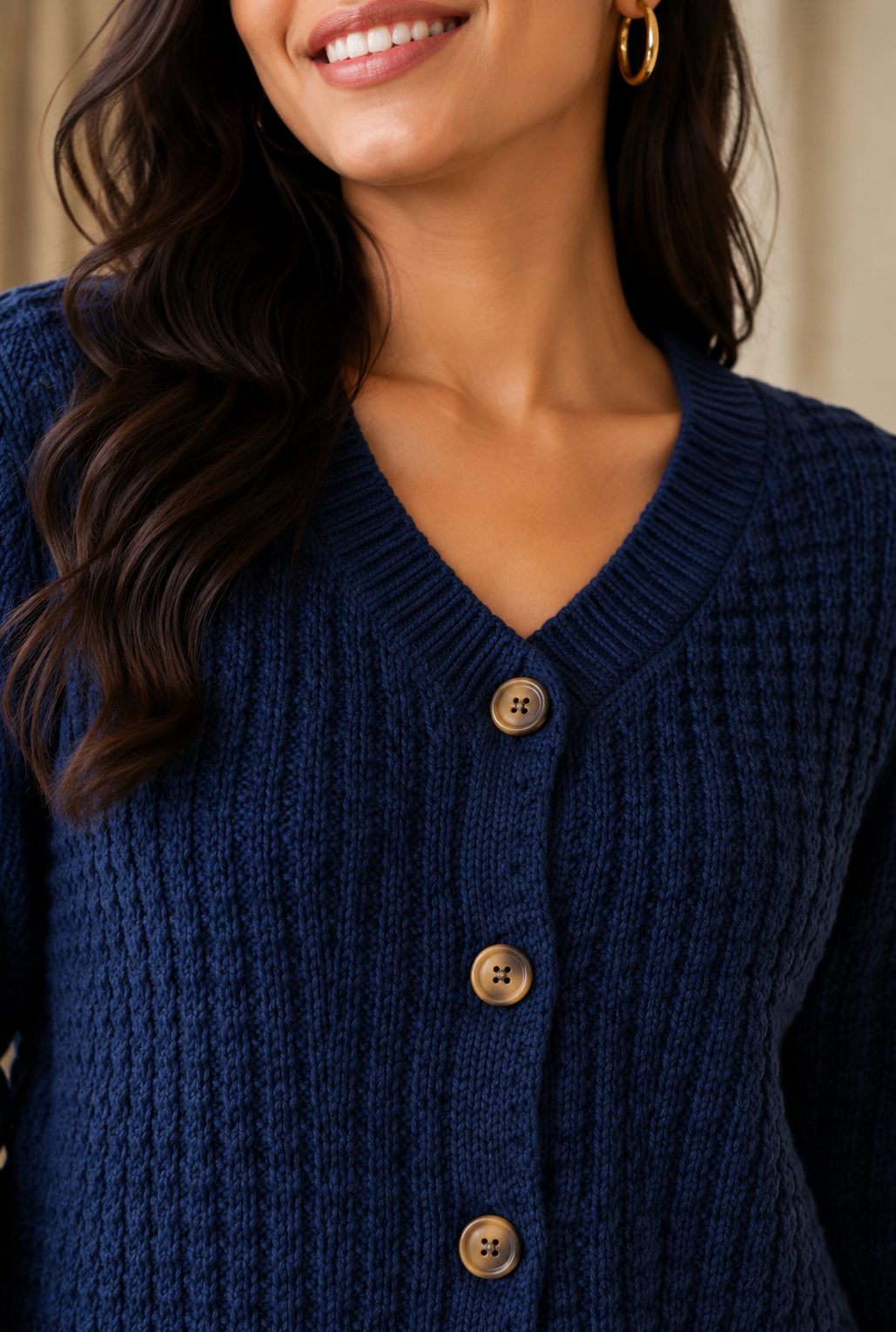 Dark Blue 100% Cotton Knitted Cardigan Sweater | V-Neck | Full Sleeve | Button Closure | Soft Loose Fit Casual Winter Wear