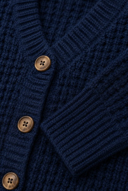 Dark Blue 100% Cotton Knitted Cardigan Sweater | V-Neck | Full Sleeve | Button Closure | Soft Loose Fit Casual Winter Wear