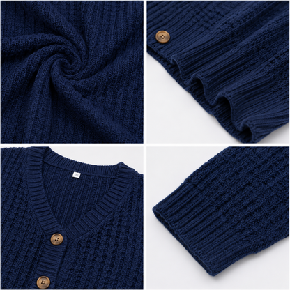 Dark Blue 100% Cotton Knitted Cardigan Sweater | V-Neck | Full Sleeve | Button Closure | Soft Loose Fit Casual Winter Wear