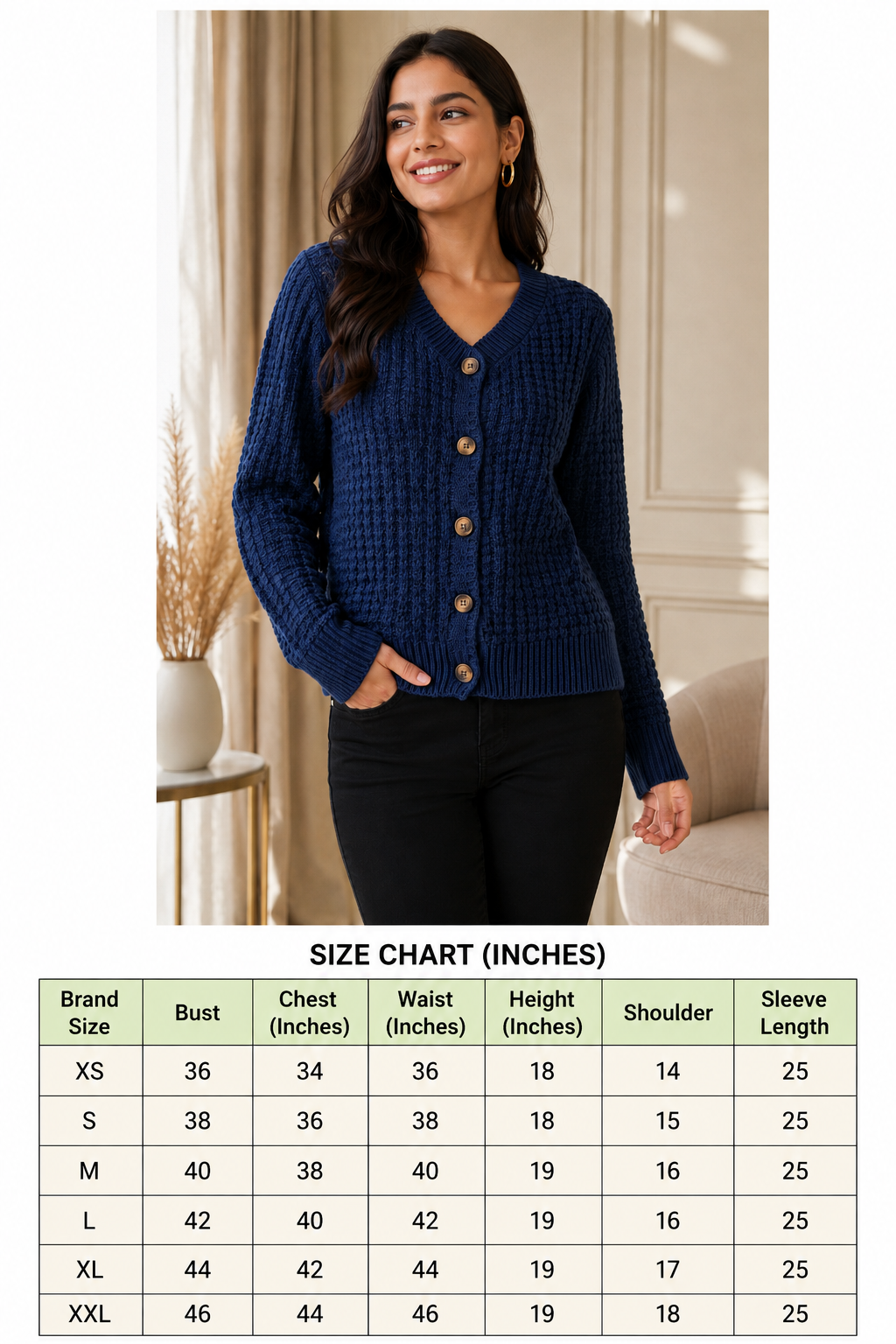 Dark Blue 100% Cotton Knitted Cardigan Sweater | V-Neck | Full Sleeve | Button Closure | Soft Loose Fit Casual Winter Wear