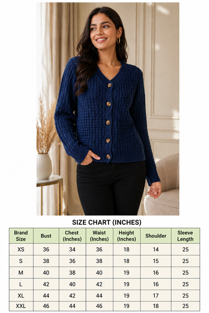 Dark Blue 100% Cotton Knitted Cardigan Sweater | V-Neck | Full Sleeve | Button Closure | Soft Loose Fit Casual Winter Wear