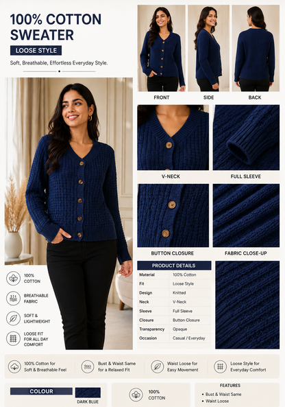 Dark Blue 100% Cotton Knitted Cardigan Sweater | V-Neck | Full Sleeve | Button Closure | Soft Loose Fit Casual Winter Wear