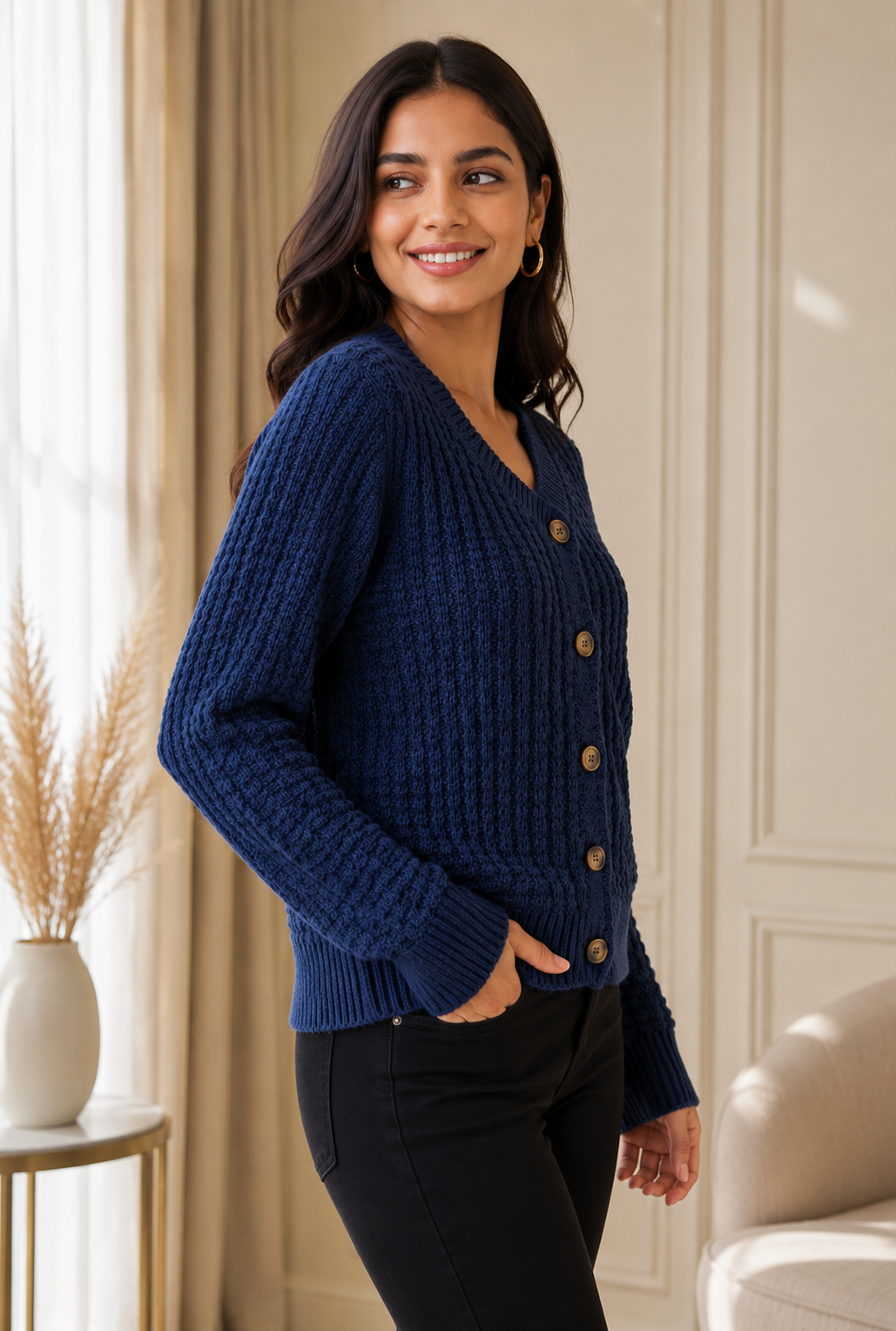 Dark Blue 100% Cotton Knitted Cardigan Sweater | V-Neck | Full Sleeve | Button Closure | Soft Loose Fit Casual Winter Wear