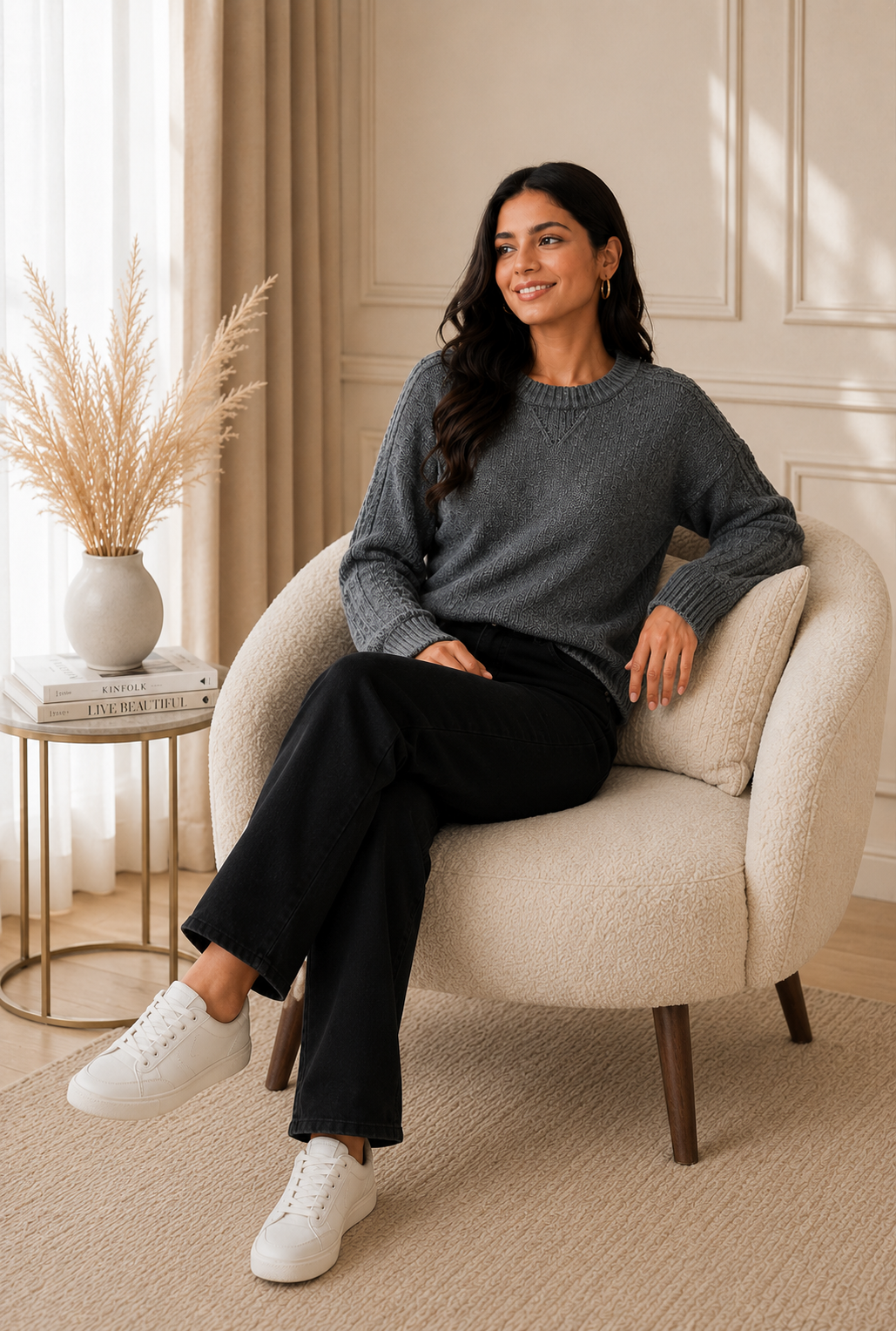Dark Grey 100% Acrylic Crew Neck Sweater | Loose Fit Full Sleeve Winter Knit Pullover | Soft Warm Casual Everyday Winter Top