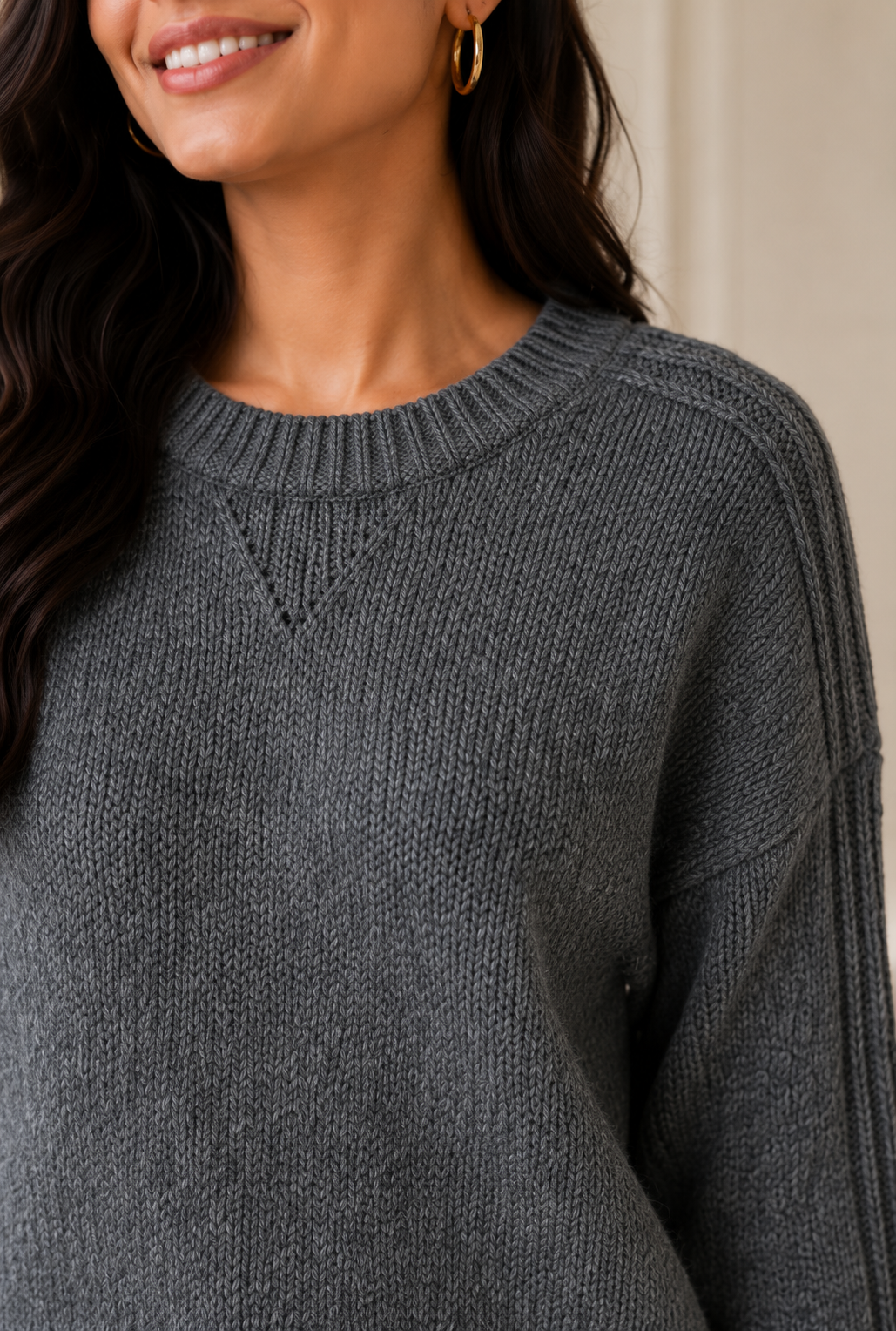 Dark Grey 100% Acrylic Crew Neck Sweater | Loose Fit Full Sleeve Winter Knit Pullover | Soft Warm Casual Everyday Winter Top