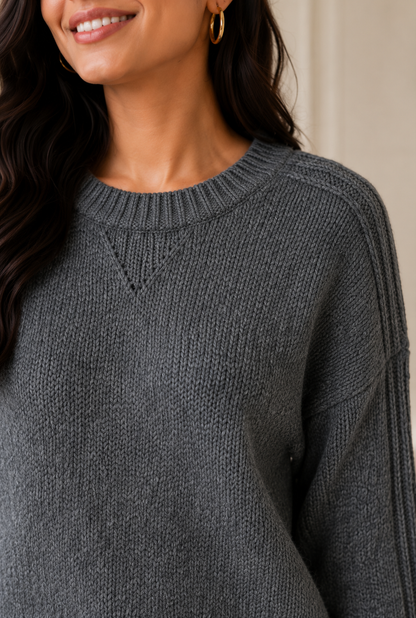 Dark Grey 100% Acrylic Crew Neck Sweater | Loose Fit Full Sleeve Winter Knit Pullover | Soft Warm Casual Everyday Winter Top