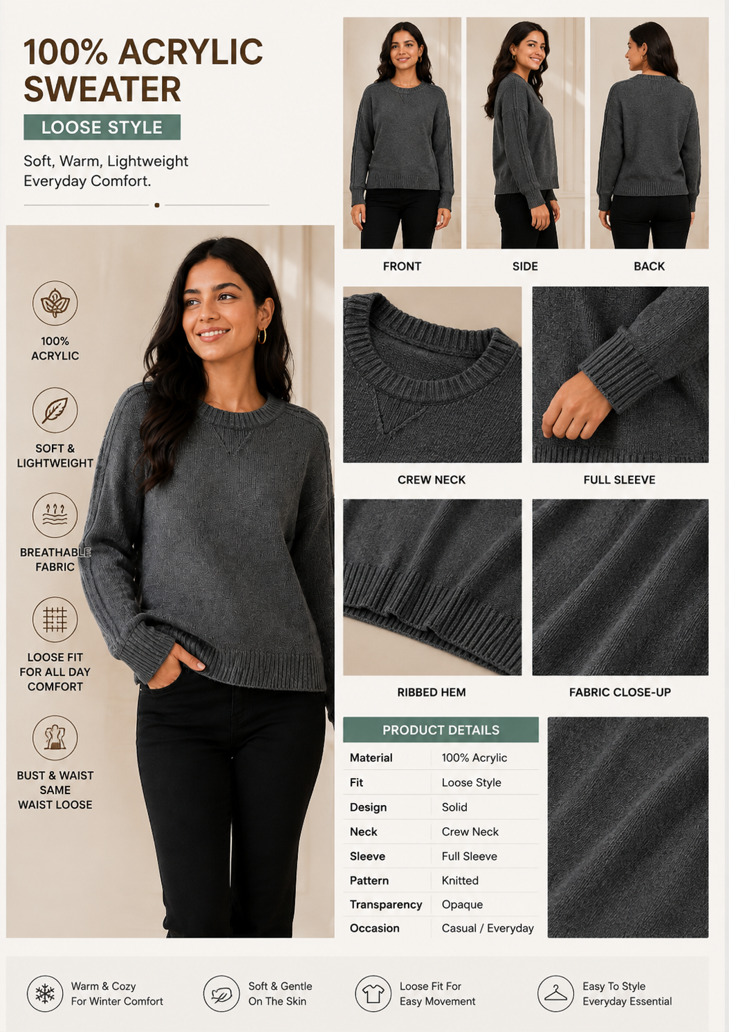 Dark Grey 100% Acrylic Crew Neck Sweater | Loose Fit Full Sleeve Winter Knit Pullover | Soft Warm Casual Everyday Winter Top