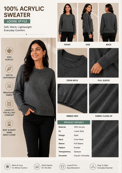 Dark Grey 100% Acrylic Crew Neck Sweater | Loose Fit Full Sleeve Winter Knit Pullover | Soft Warm Casual Everyday Winter Top