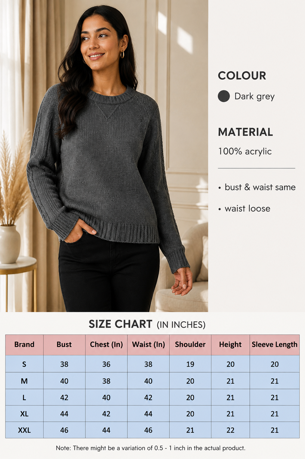 Dark Grey 100% Acrylic Crew Neck Sweater | Loose Fit Full Sleeve Winter Knit Pullover | Soft Warm Casual Everyday Winter Top
