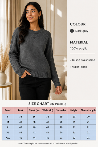 Dark Grey 100% Acrylic Crew Neck Sweater | Loose Fit Full Sleeve Winter Knit Pullover | Soft Warm Casual Everyday Winter Top