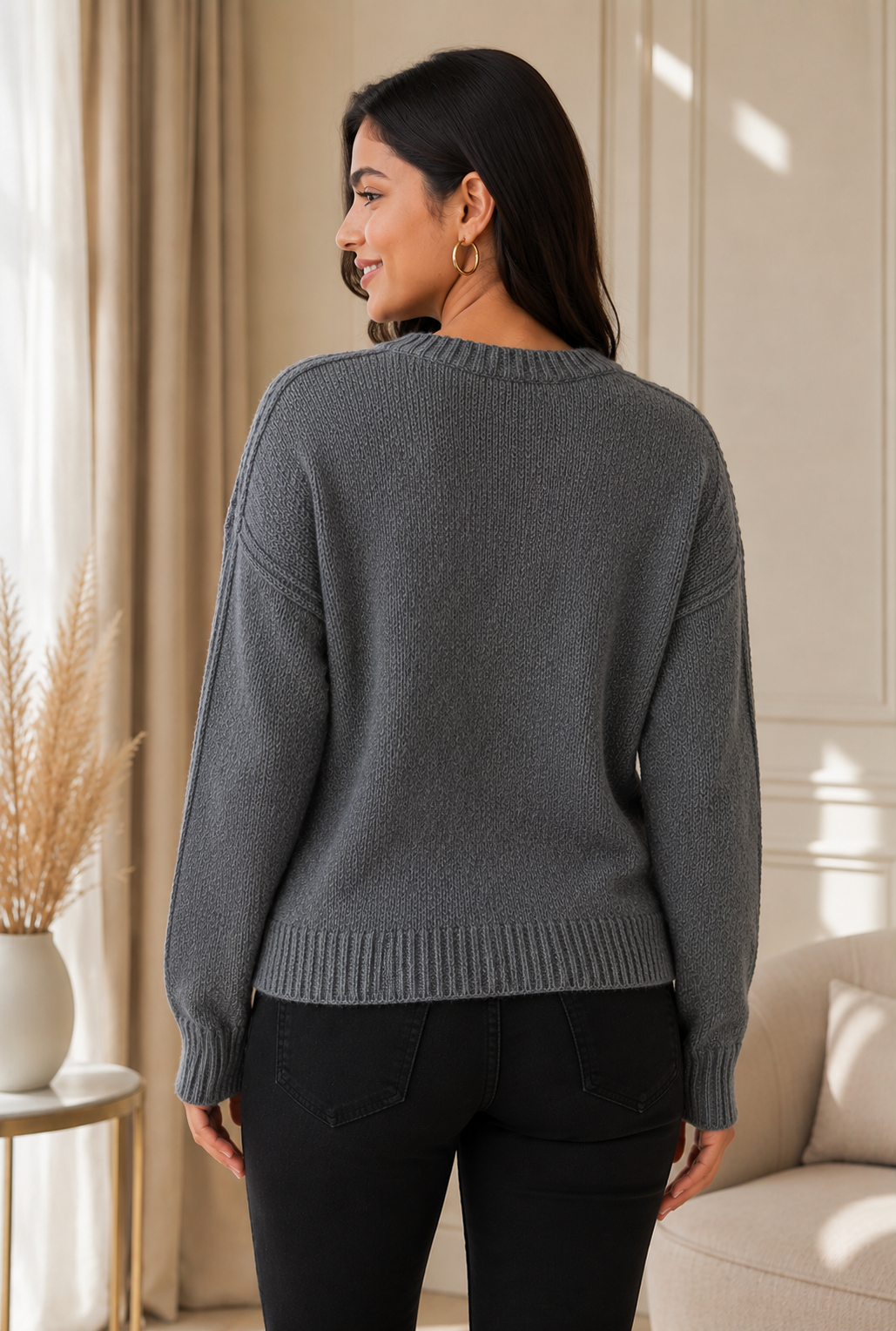 Dark Grey 100% Acrylic Crew Neck Sweater | Loose Fit Full Sleeve Winter Knit Pullover | Soft Warm Casual Everyday Winter Top