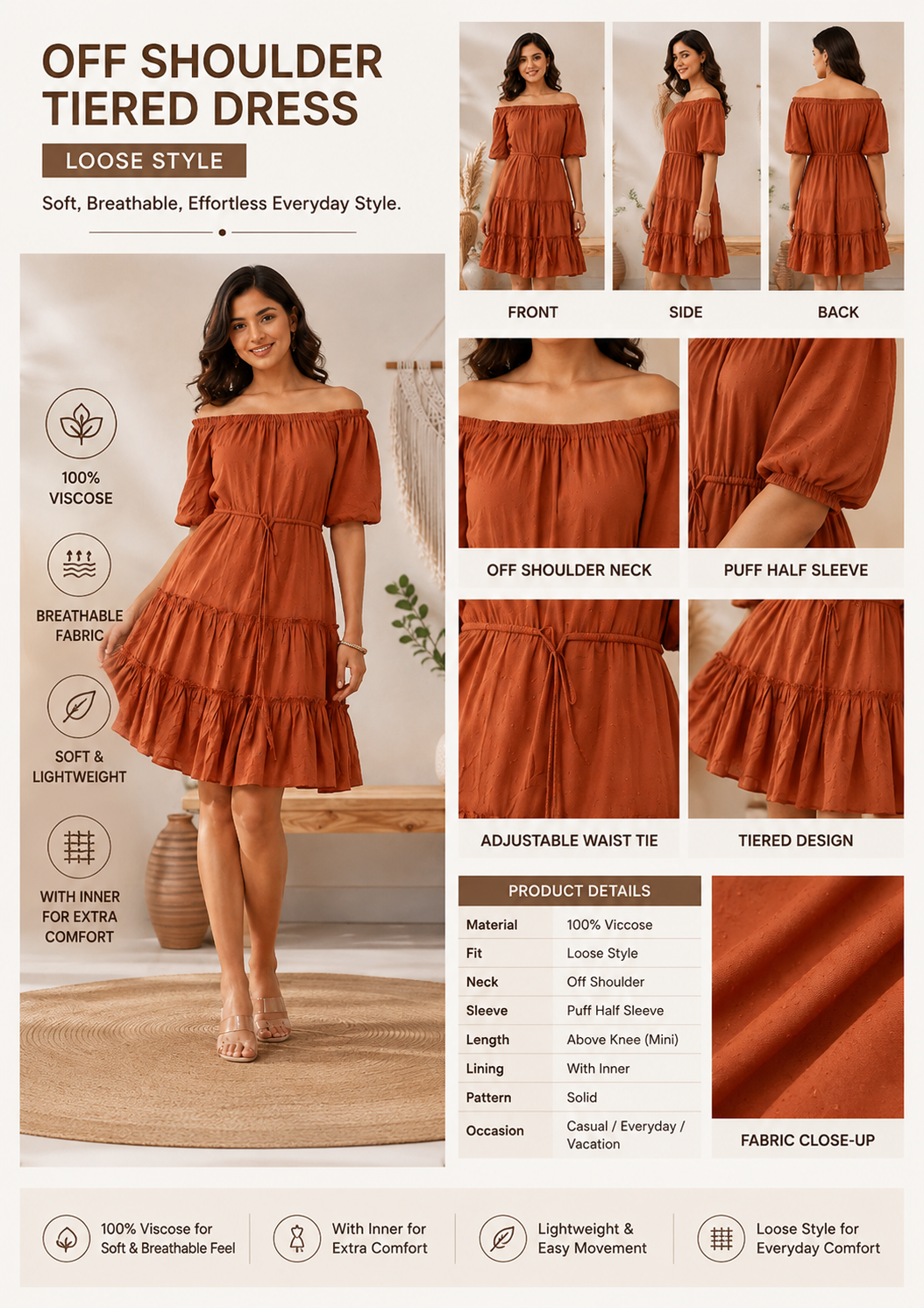 Brown Off Shoulder Tiered Mini Dress | 100% Viscose | Puff Half Sleeves | Casual Fit with Inner