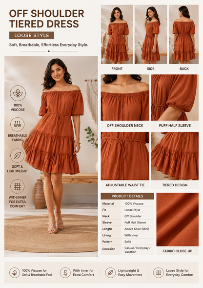 Brown Off Shoulder Tiered Mini Dress | 100% Viscose | Puff Half Sleeves | Casual Fit with Inner