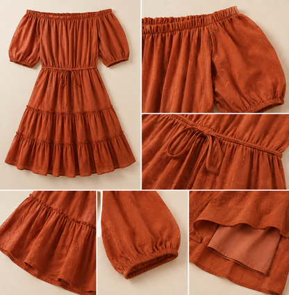 Brown Off Shoulder Tiered Mini Dress | 100% Viscose | Puff Half Sleeves | Casual Fit with Inner
