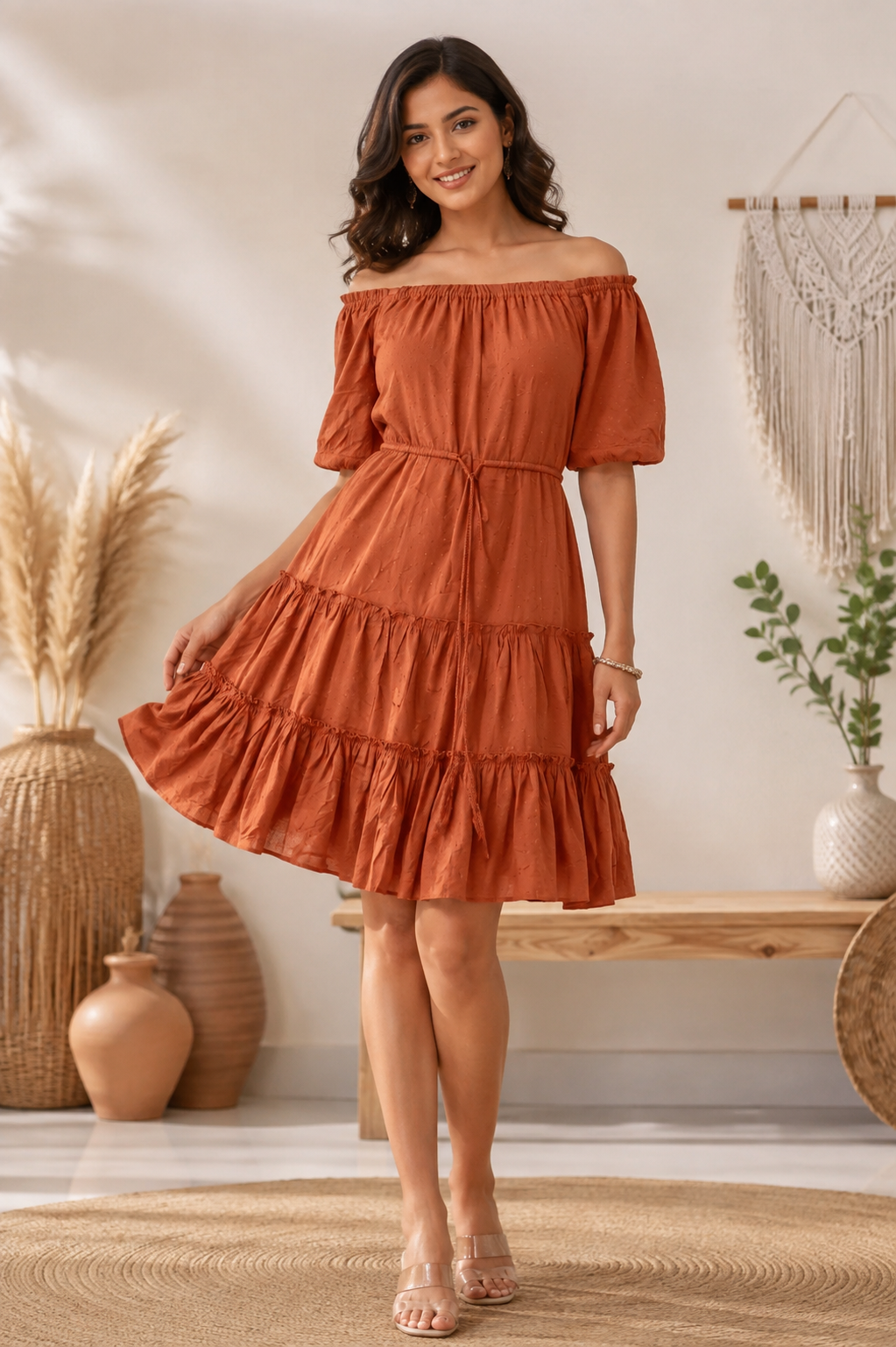 Brown Off Shoulder Tiered Mini Dress | 100% Viscose | Puff Half Sleeves | Casual Fit with Inner