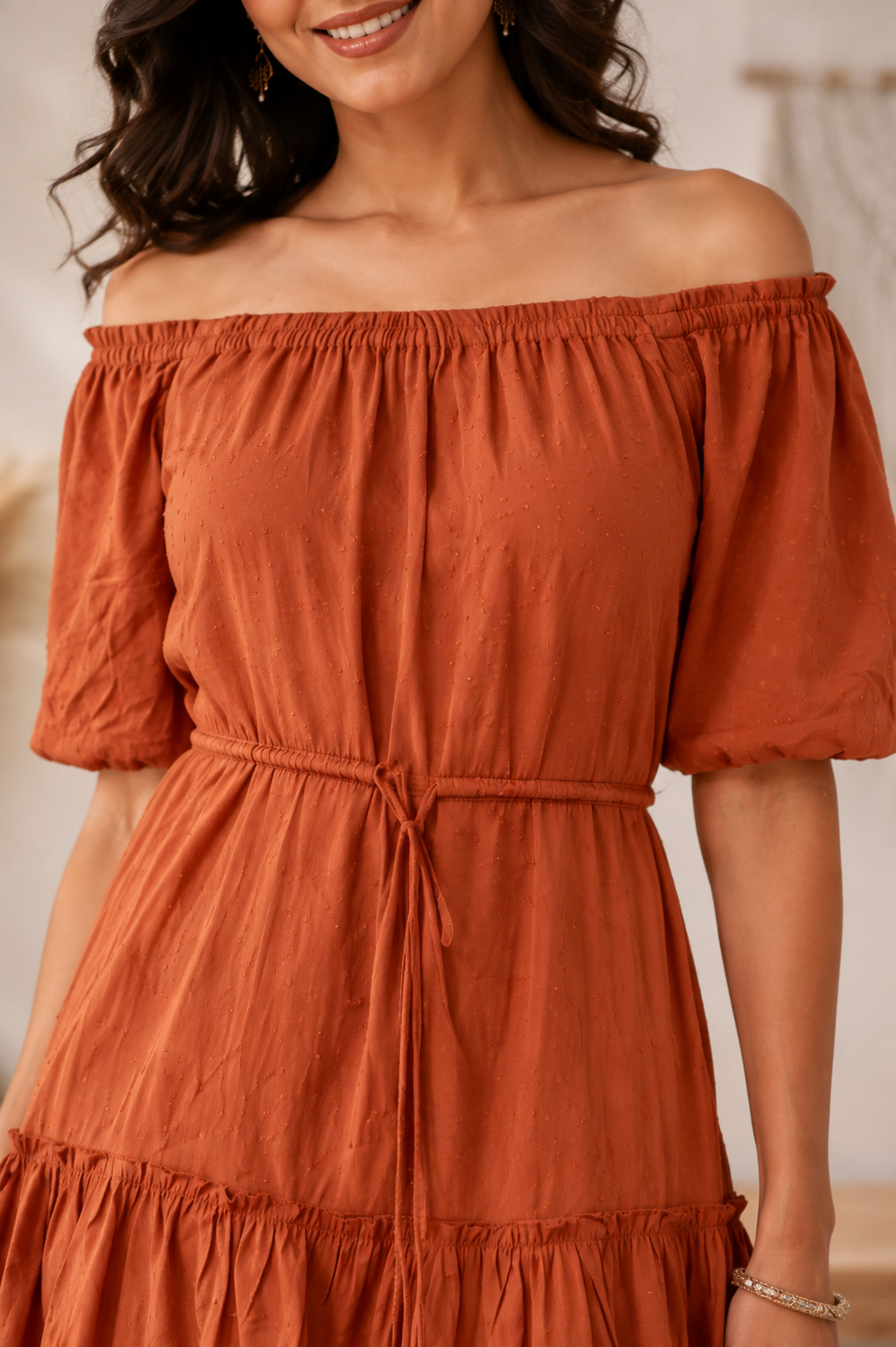 Brown Off Shoulder Tiered Mini Dress | 100% Viscose | Puff Half Sleeves | Casual Fit with Inner