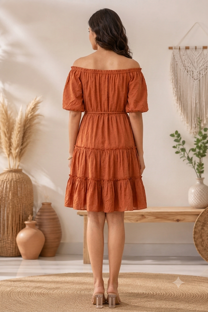 Brown Off Shoulder Tiered Mini Dress | 100% Viscose | Puff Half Sleeves | Casual Fit with Inner