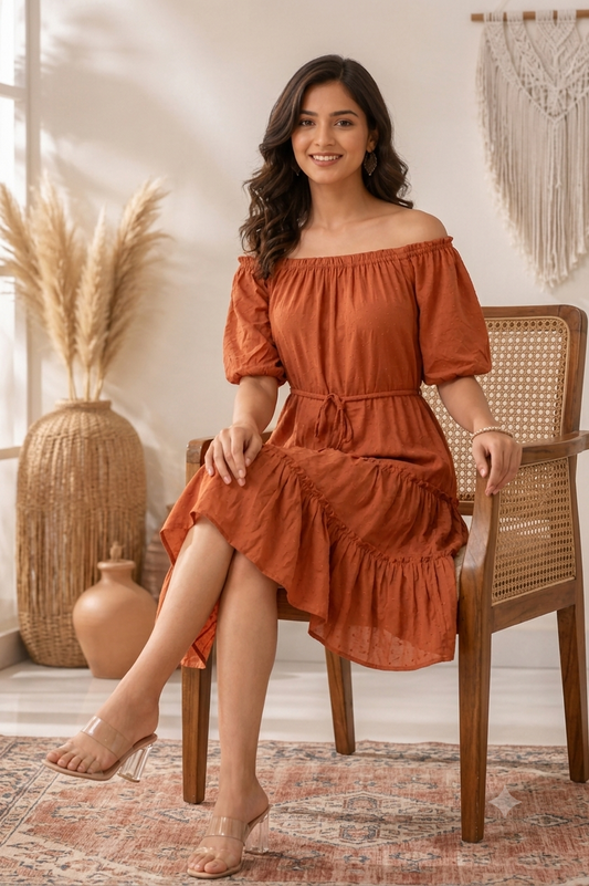 Brown Off Shoulder Tiered Mini Dress | 100% Viscose | Puff Half Sleeves | Casual Fit with Inner
