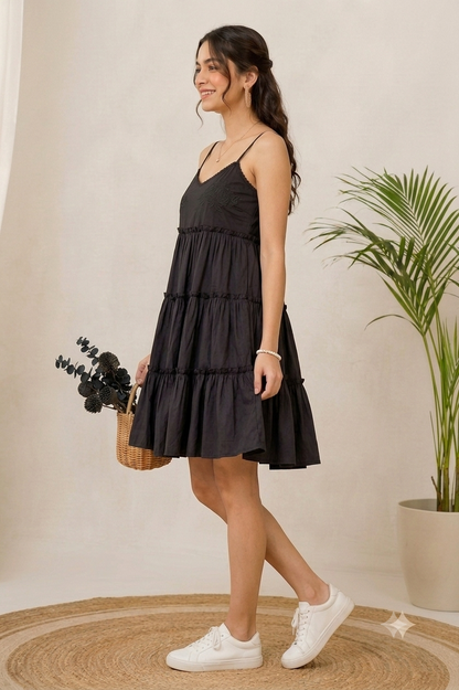 Black Tiered Mini Dress | 100% Polyester | Sleeveless Spaghetti Strap | Smocked Back | Fit & Flare Casual Dress