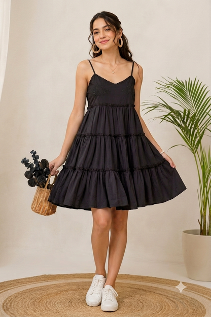 Black Tiered Mini Dress | 100% Polyester | Sleeveless Spaghetti Strap | Smocked Back | Fit & Flare Casual Dress