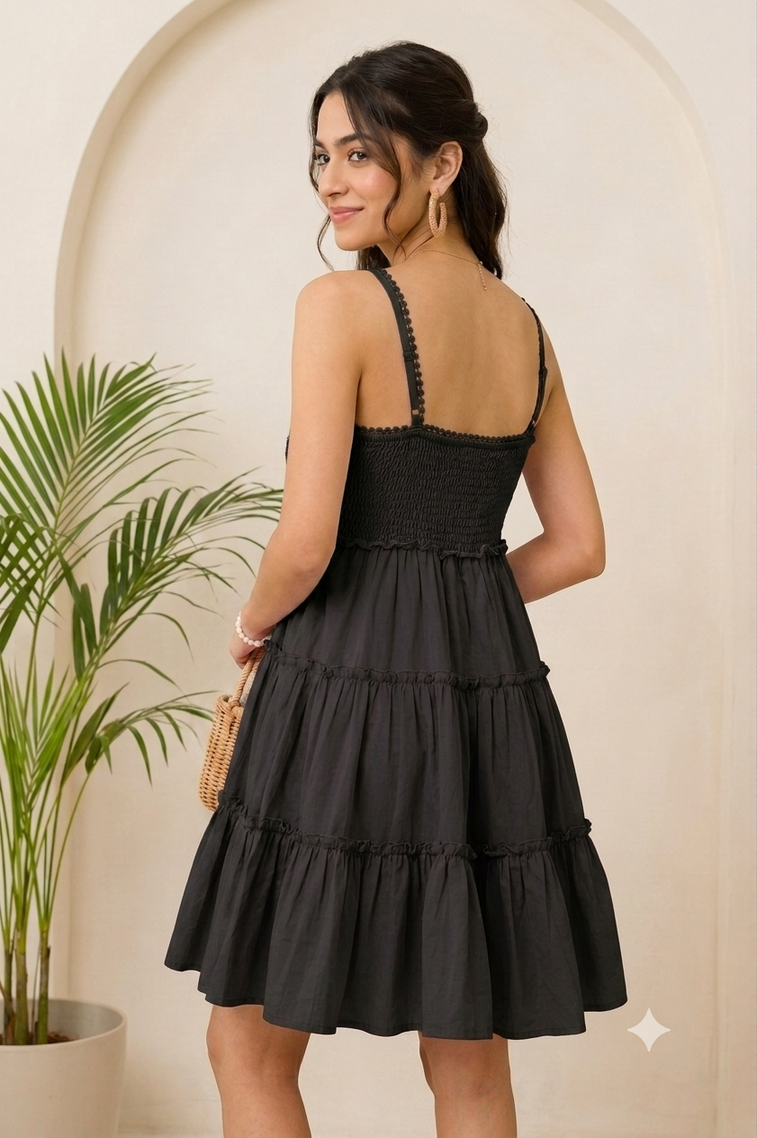 Black Tiered Mini Dress | 100% Polyester | Sleeveless Spaghetti Strap | Smocked Back | Fit & Flare Casual Dress