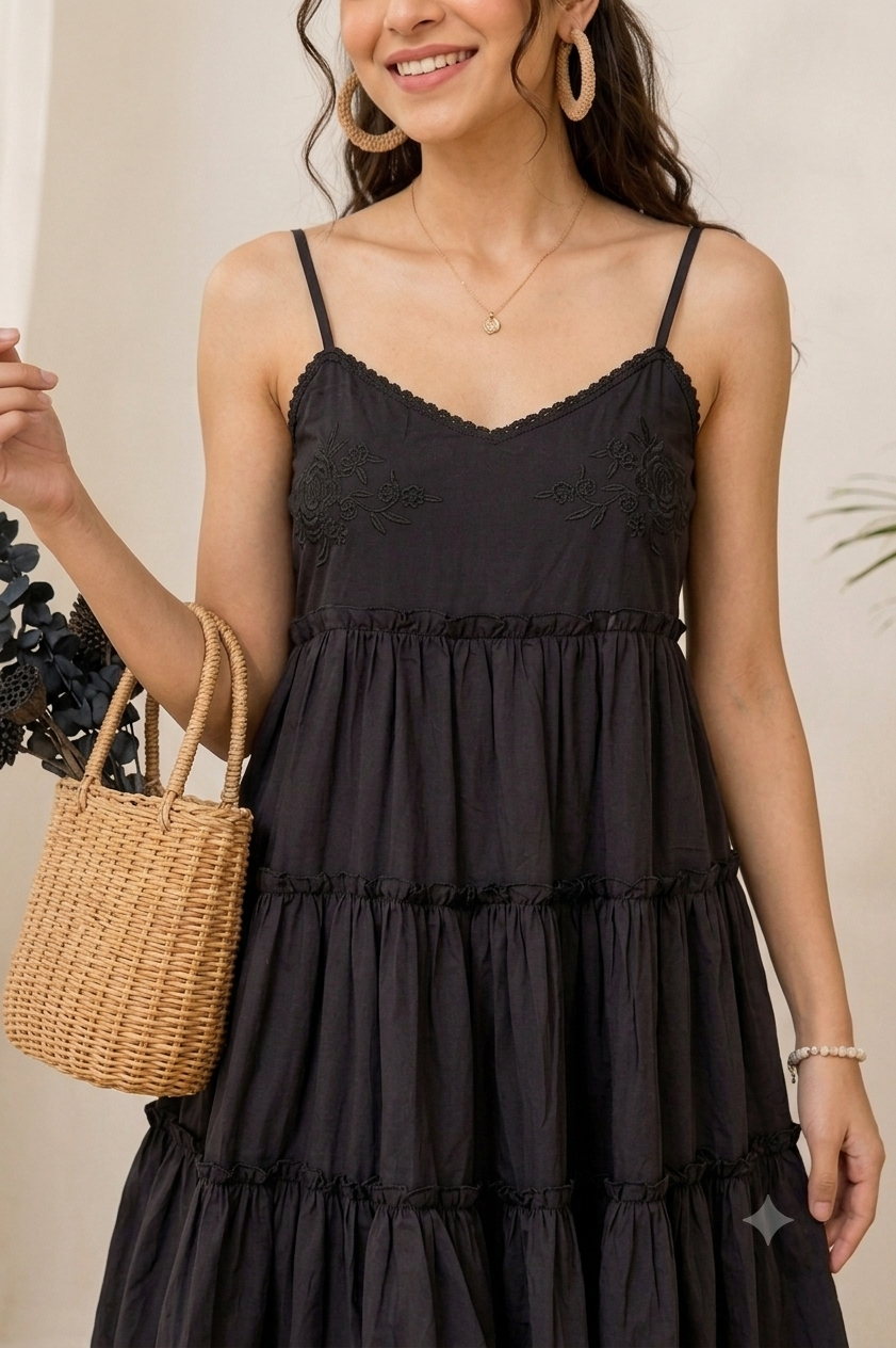 Black Tiered Mini Dress | 100% Polyester | Sleeveless Spaghetti Strap | Smocked Back | Fit & Flare Casual Dress