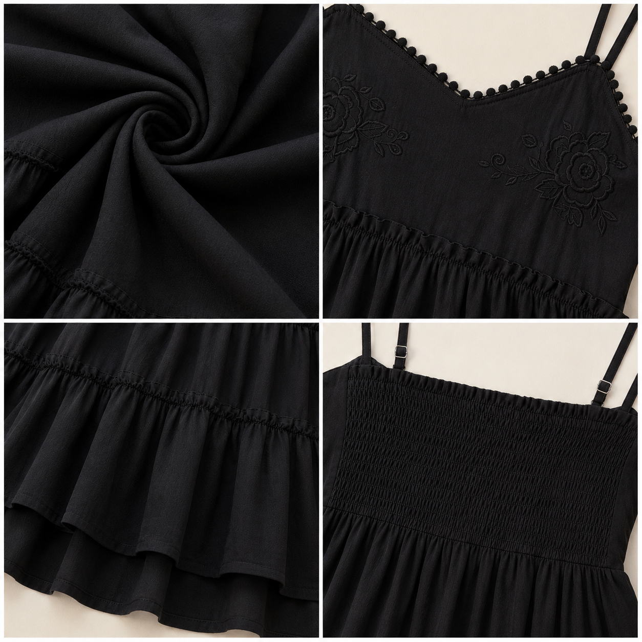 Black Tiered Mini Dress | 100% Polyester | Sleeveless Spaghetti Strap | Smocked Back | Fit & Flare Casual Dress
