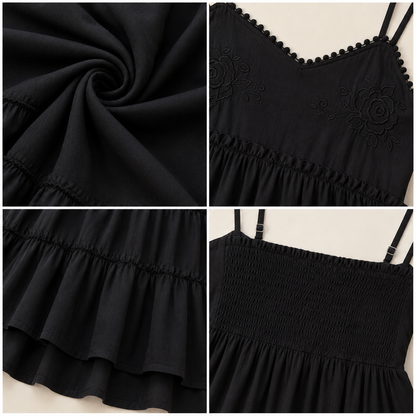 Black Tiered Mini Dress | 100% Polyester | Sleeveless Spaghetti Strap | Smocked Back | Fit & Flare Casual Dress