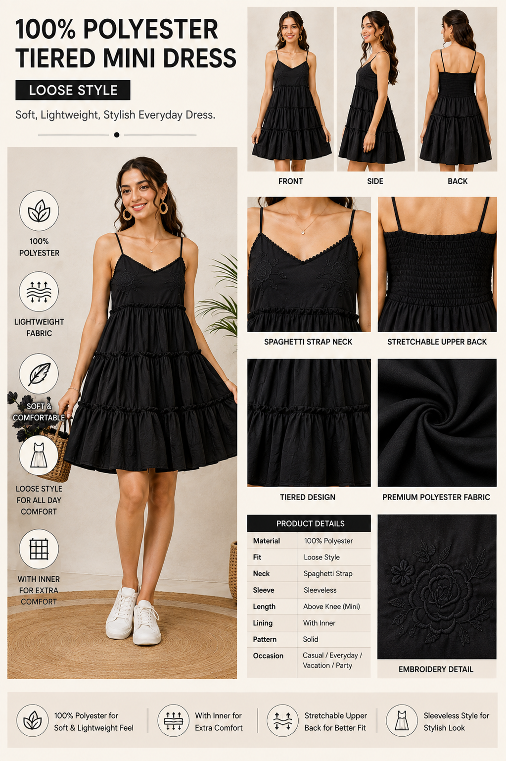 Black Tiered Mini Dress | 100% Polyester | Sleeveless Spaghetti Strap | Smocked Back | Fit & Flare Casual Dress