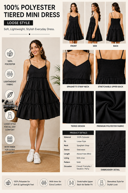 Black Tiered Mini Dress | 100% Polyester | Sleeveless Spaghetti Strap | Smocked Back | Fit & Flare Casual Dress