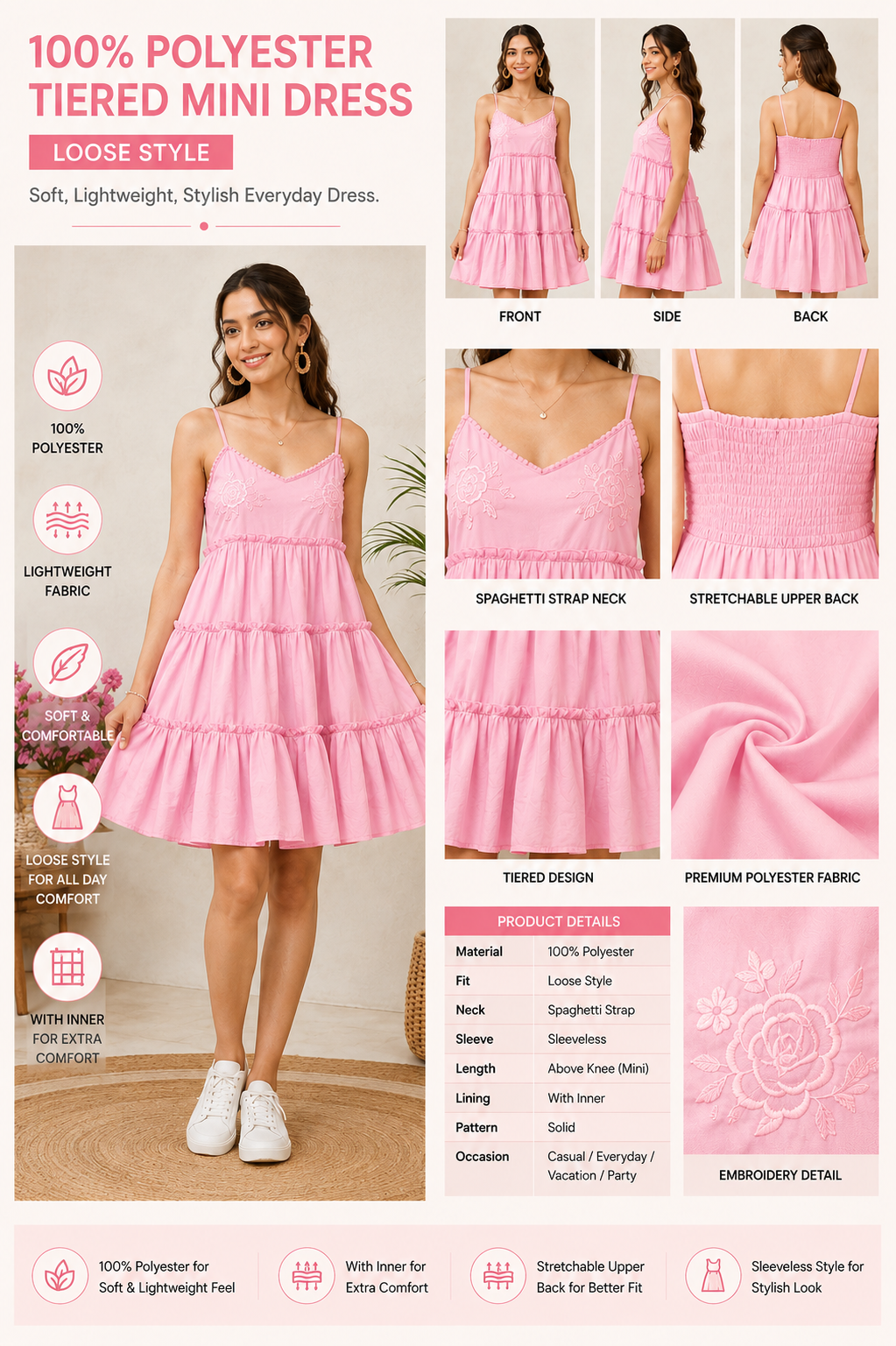 Pink Tiered Mini Dress | 100% Polyester | Sleeveless Spaghetti Strap | Smocked Back | Fit & Flare Casual Dress