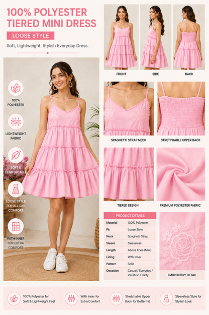 Pink Tiered Mini Dress | 100% Polyester | Sleeveless Spaghetti Strap | Smocked Back | Fit & Flare Casual Dress