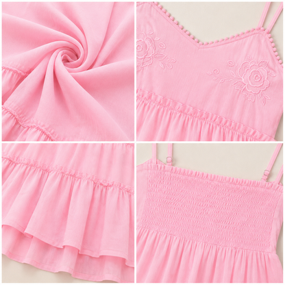 Pink Tiered Mini Dress | 100% Polyester | Sleeveless Spaghetti Strap | Smocked Back | Fit & Flare Casual Dress
