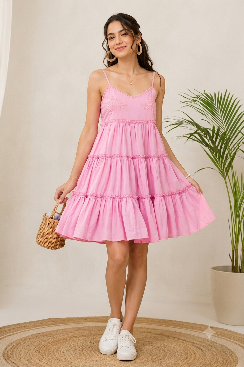 Pink Tiered Mini Dress | 100% Polyester | Sleeveless Spaghetti Strap | Smocked Back | Fit & Flare Casual Dress