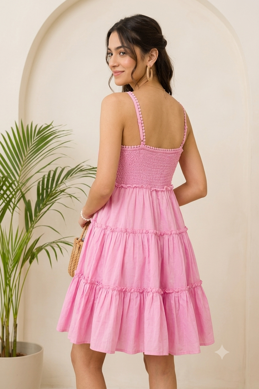 Pink Tiered Mini Dress | 100% Polyester | Sleeveless Spaghetti Strap | Smocked Back | Fit & Flare Casual Dress