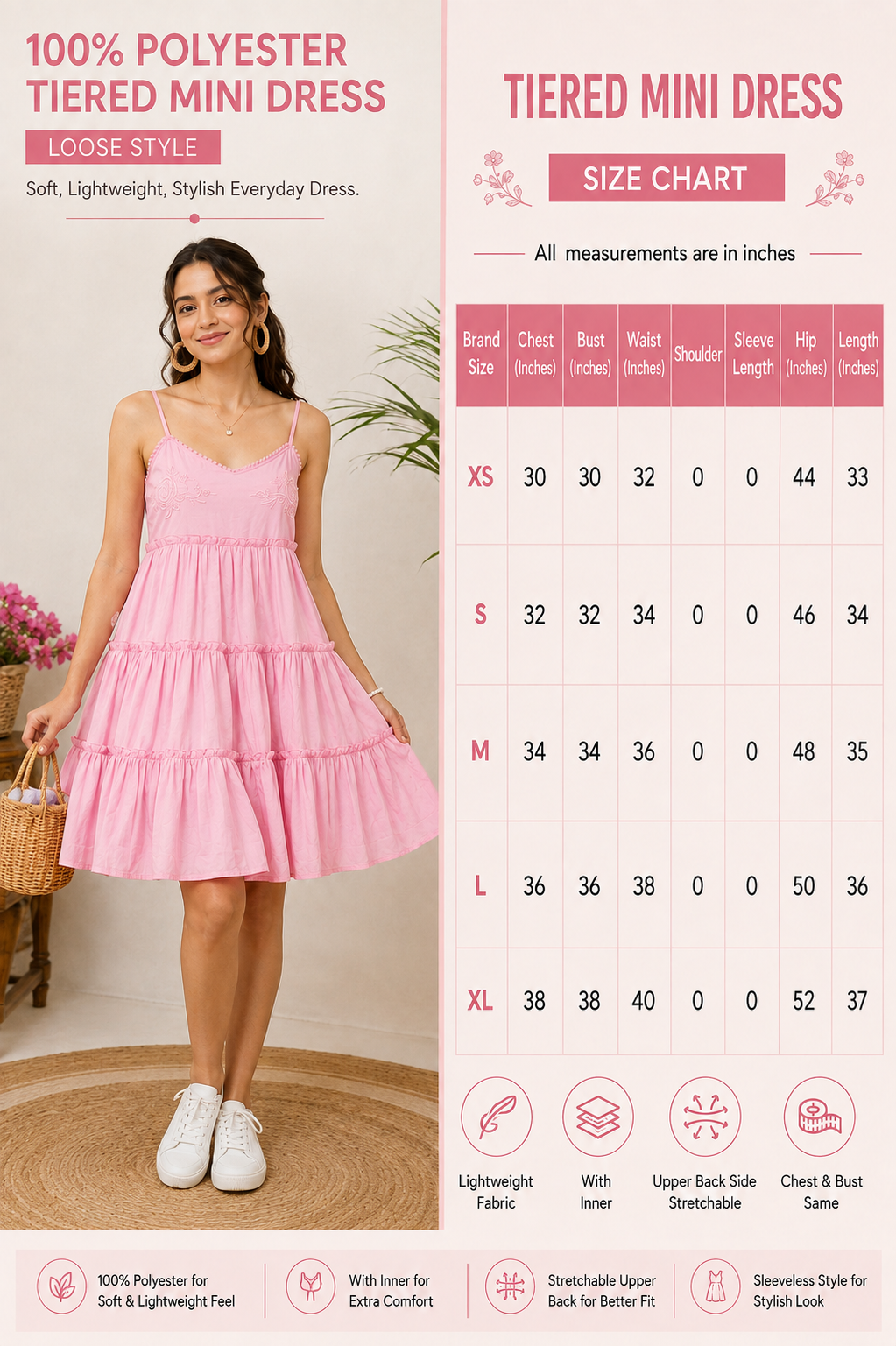 Pink Tiered Mini Dress | 100% Polyester | Sleeveless Spaghetti Strap | Smocked Back | Fit & Flare Casual Dress