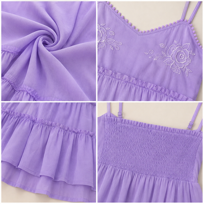 Purple Tiered Mini Dress | 100% Polyester | Sleeveless Spaghetti Strap | Smocked Back | Fit & Flare Casual Dress