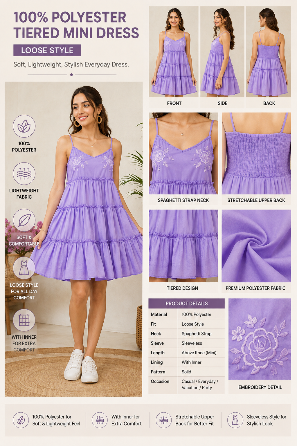 Purple Tiered Mini Dress | 100% Polyester | Sleeveless Spaghetti Strap | Smocked Back | Fit & Flare Casual Dress