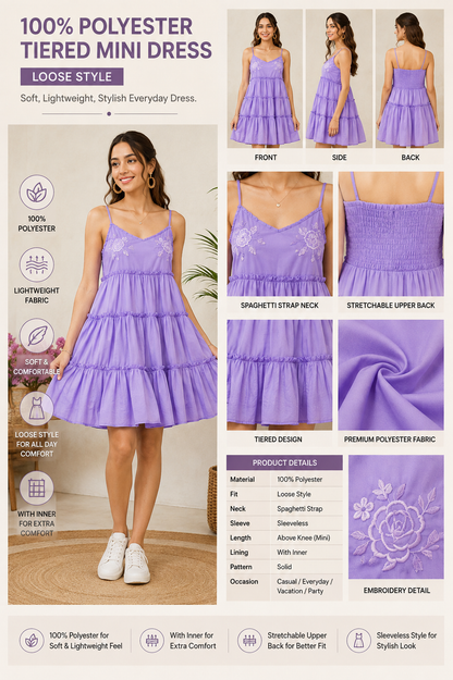 Purple Tiered Mini Dress | 100% Polyester | Sleeveless Spaghetti Strap | Smocked Back | Fit & Flare Casual Dress