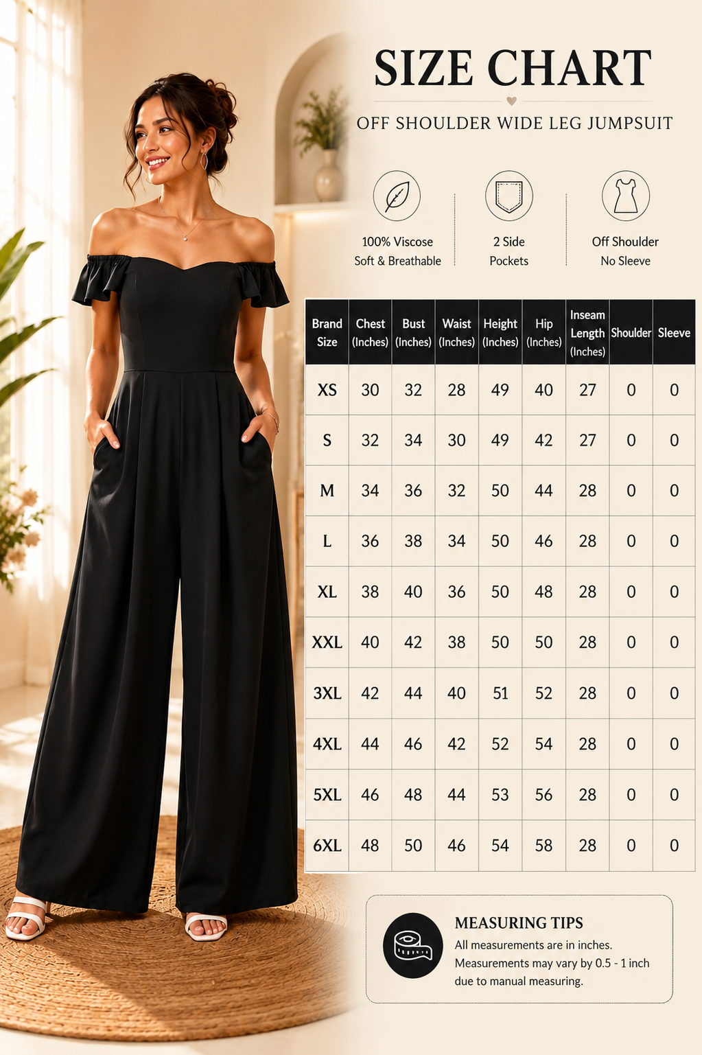 100% Viscose Off Shoulder Wide Leg Jumpsuit with 2 Side Pockets | Polka Dot Printed Casual Jumpsuit |Black