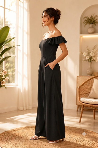 100% Viscose Off Shoulder Wide Leg Jumpsuit with 2 Side Pockets | Polka Dot Printed Casual Jumpsuit |Black