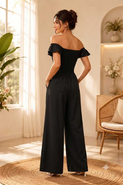 100% Viscose Off Shoulder Wide Leg Jumpsuit with 2 Side Pockets | Polka Dot Printed Casual Jumpsuit |Black