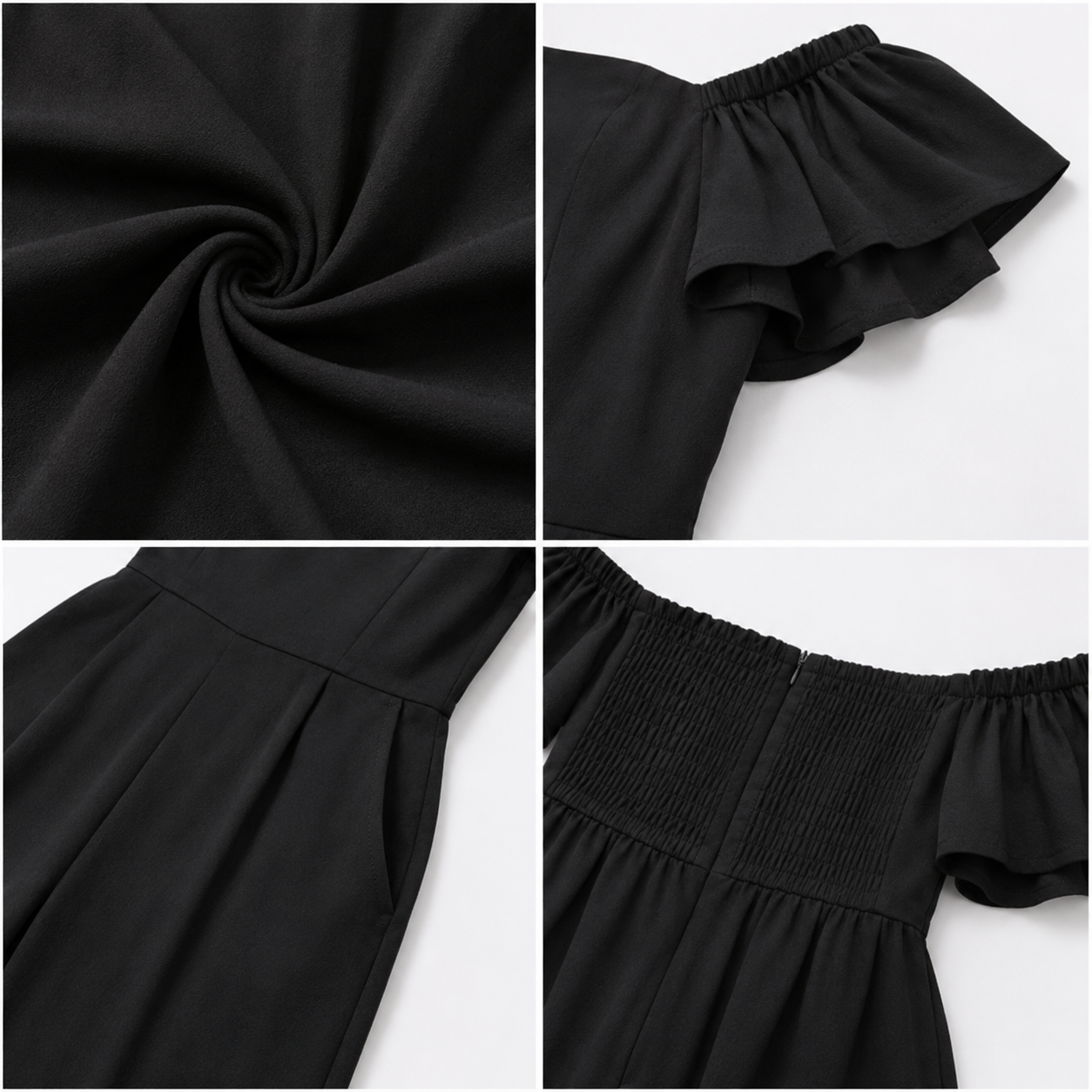 100% Viscose Off Shoulder Wide Leg Jumpsuit with 2 Side Pockets | Polka Dot Printed Casual Jumpsuit |Black