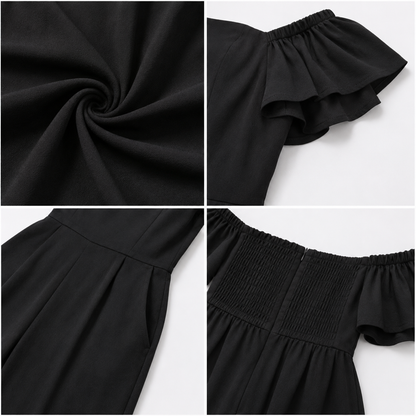 100% Viscose Off Shoulder Wide Leg Jumpsuit with 2 Side Pockets | Polka Dot Printed Casual Jumpsuit |Black