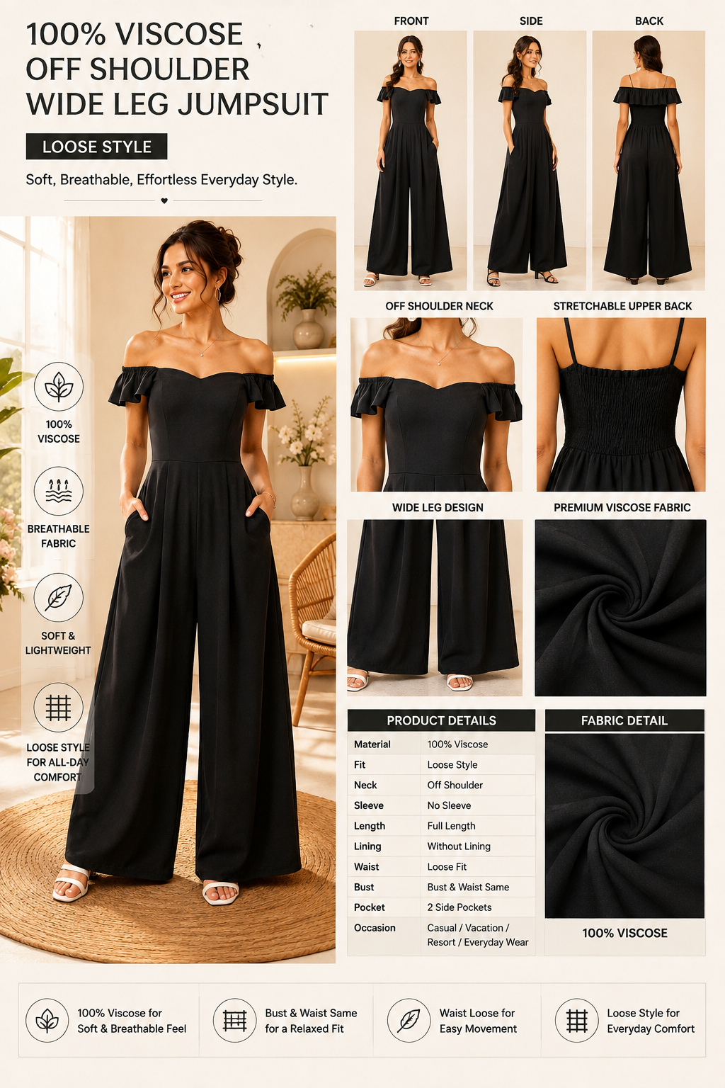 100% Viscose Off Shoulder Wide Leg Jumpsuit with 2 Side Pockets | Polka Dot Printed Casual Jumpsuit |Black
