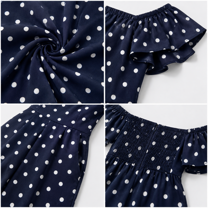 100% Viscose Off Shoulder Wide Leg Jumpsuit with 2 Side Pockets | Polka Dot Printed Casual Jumpsuit |Dark Blue