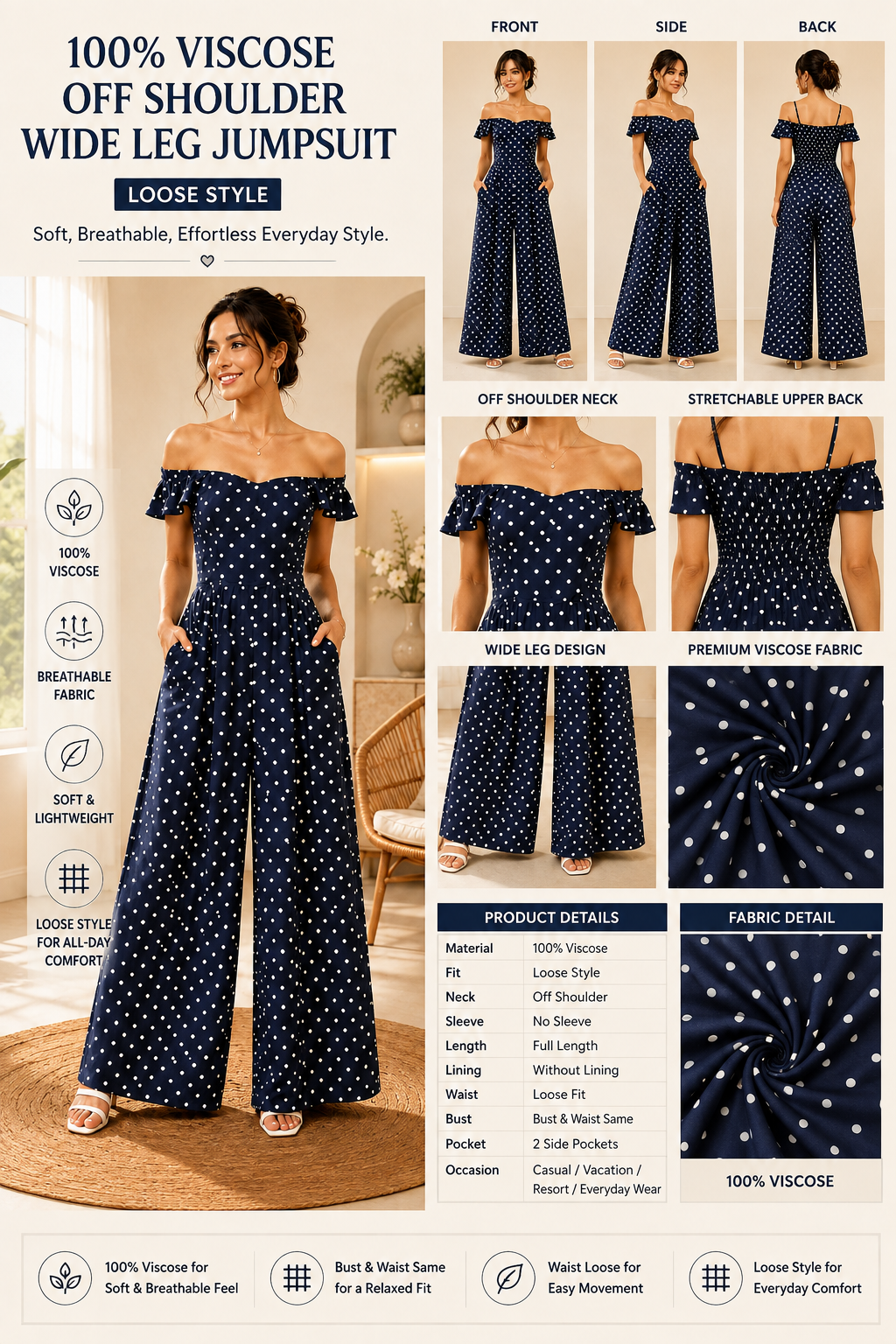 100% Viscose Off Shoulder Wide Leg Jumpsuit with 2 Side Pockets | Polka Dot Printed Casual Jumpsuit |Dark Blue