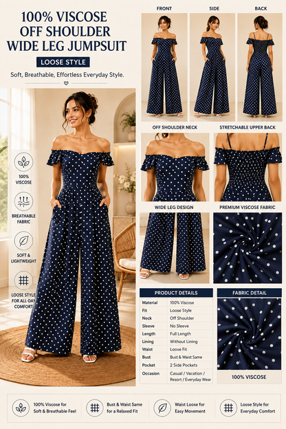 100% Viscose Off Shoulder Wide Leg Jumpsuit with 2 Side Pockets | Polka Dot Printed Casual Jumpsuit |Dark Blue