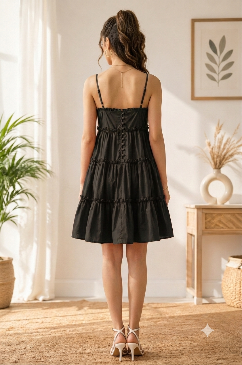 Black Tiered Mini Dress | 100% Polyester | Sleeveless Spaghetti Strap | Fit & Flare Casual Dress with Cotton Inner